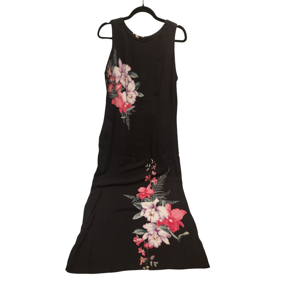 Vintage Iolani Hawaii Black Tropical Orchid Placement Floral Maxi Dress L
